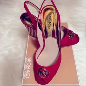 Michael Kors Red & White Rachelle Sling Wedge Shoes